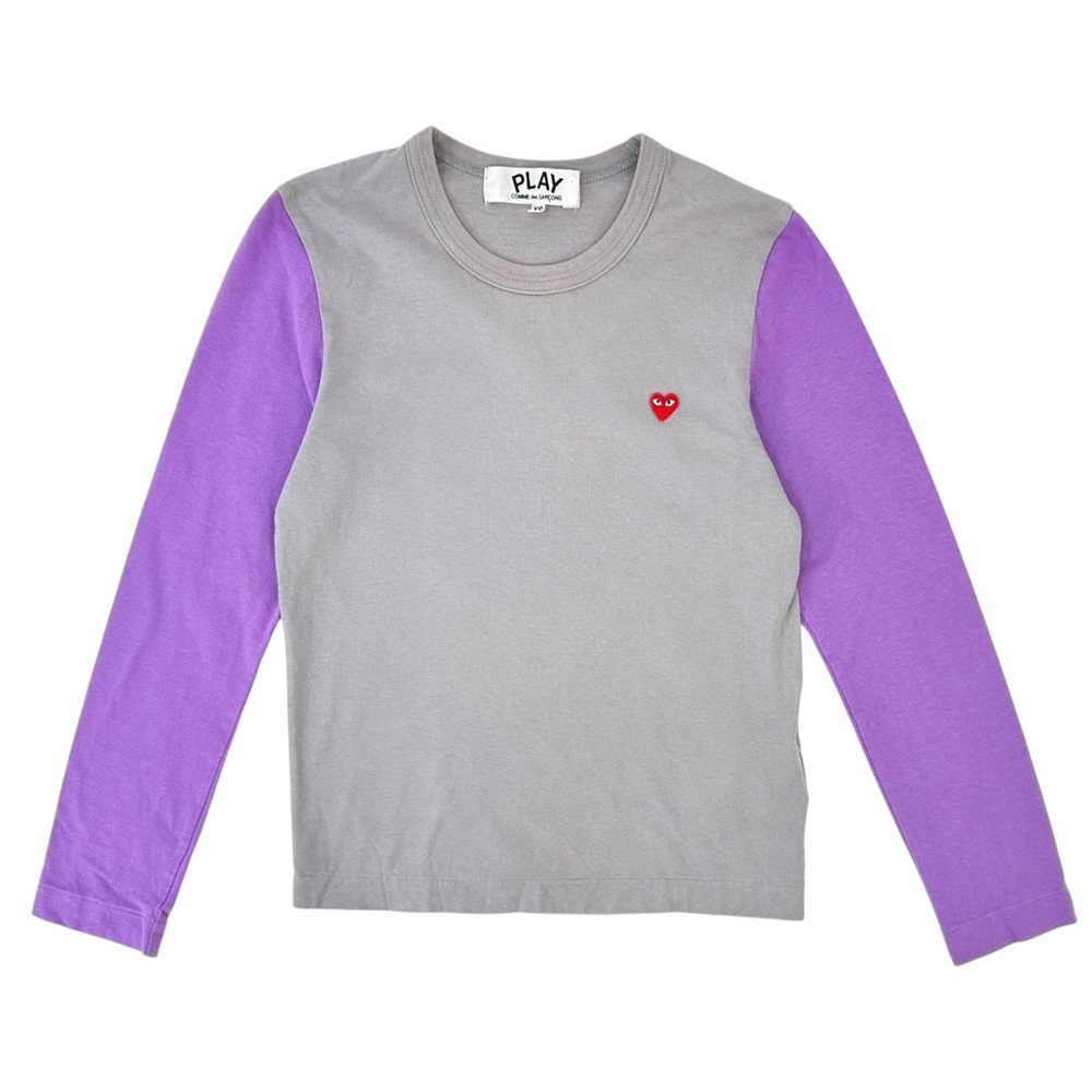 Comme Des Garcons PLAY Gray & Purple Heart Patch Long Sleeve T-Shirt sz XS